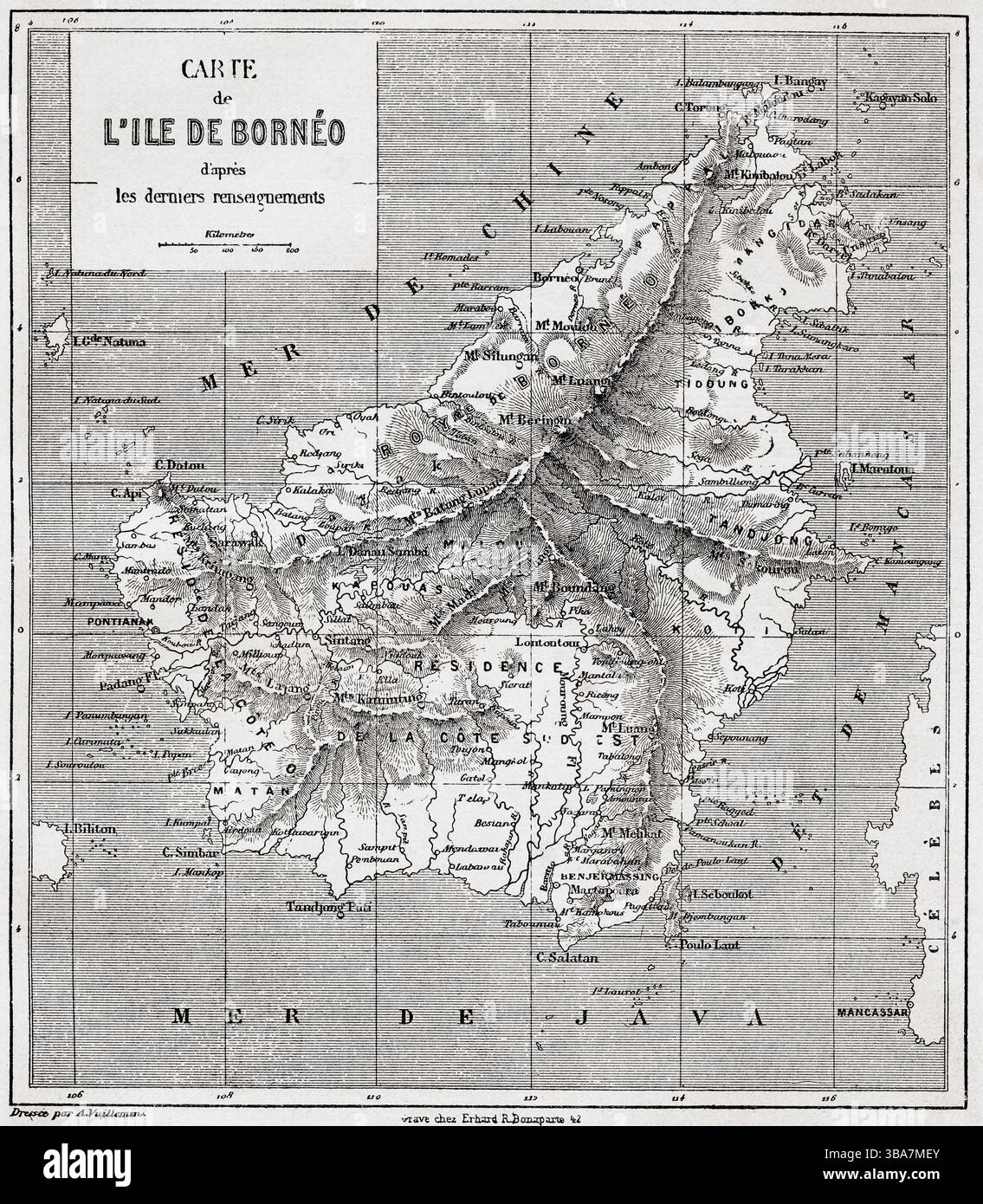 Karte der Insel Borneo, Indonesien, 19. Jahrhundert. Von Reisen auf der Insel Borneo, 1847 - 1852. Fahren Sie entlang der Flüsse Lupar und Kapuas in Western Borneo, von Ida Laura Pfeiffer, 1852. In Le Tour du Monde, veröffentlicht 1862. Stockfoto