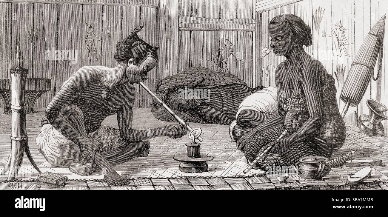 Opiumraucher im Malaiischen Archipel, 19. Jahrhundert. Von Reisen auf der Insel Borneo, 1847 - 1852. Fahren Sie entlang der Flüsse Lupar und Kapuas in Western Borneo, von Ida Laura Pfeiffer, 1852. In Le Tour du Monde, veröffentlicht 1862. Stockfoto