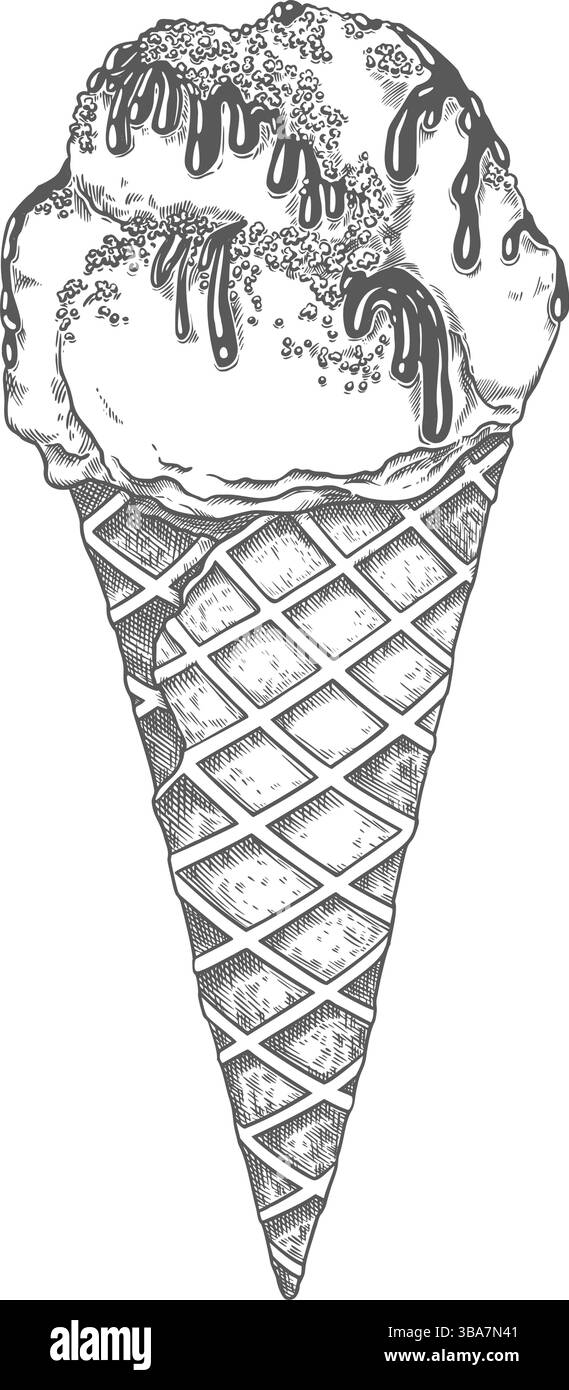 Eiskegel mit Schokoladenüberschlag und Streuseln Hand gezeichnete Vektor-Lebensmittel-Illustration. Liniengrafik des Desserts im Skizzenstil, perfekt für Stock Vektor