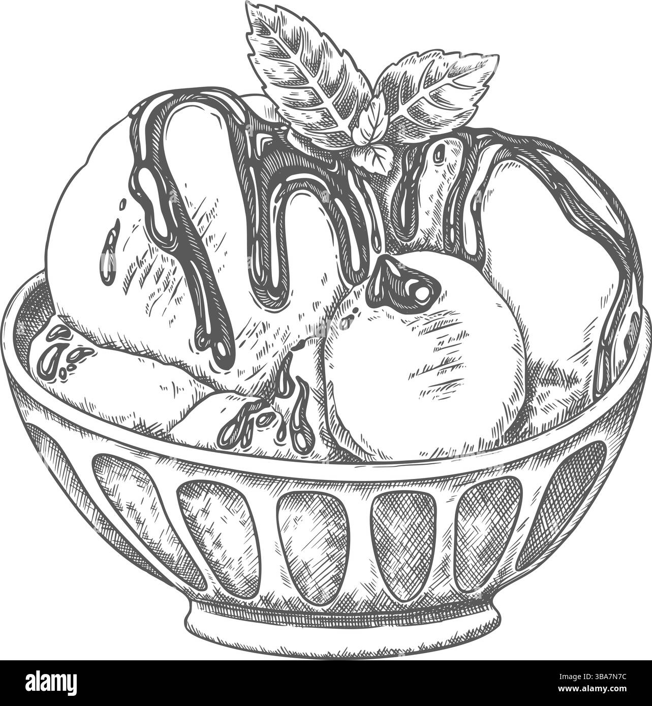 Eis mit Schokolade Topping und Minzblatt in der Schüssel Hand gezeichnete Vektor Lebensmittel Illustration. Liniengrafik des Desserts im Skizzenstil Stock Vektor