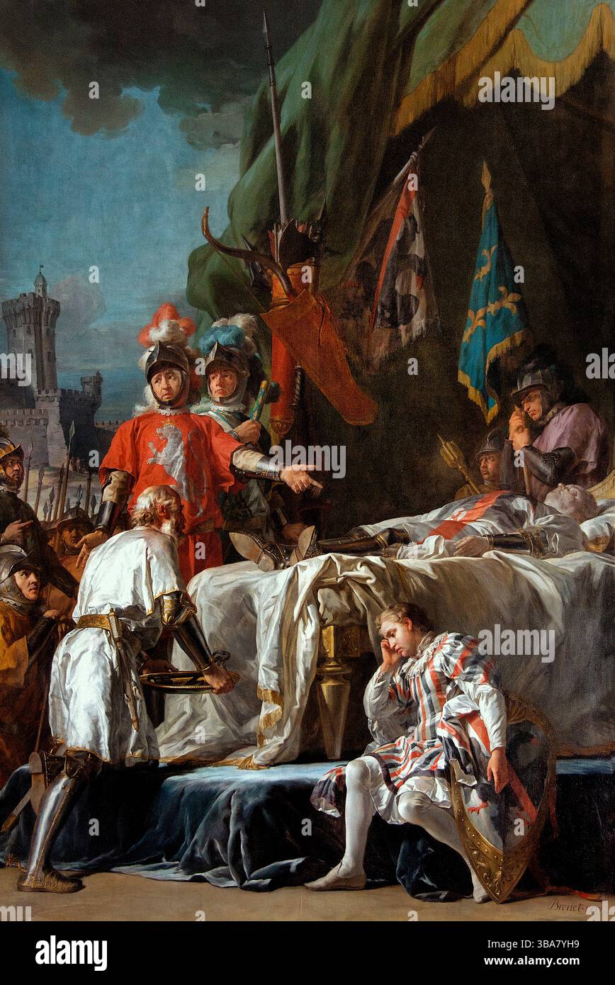 La Mort de du Guesclin - der Tod von Duguesclin 1777 von BRENET Nicolas Guy 1728-92 Frankreich französisches Museum Louvre Bertrand du Guesclin war ein französischer Nationalheld, ein herausragender Militärführer während der Anfangsphase des Hundertjährigen Krieges (1337–1453). Stockfoto