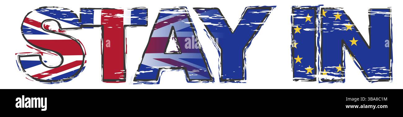 Text BLEIBT IN der UK- und EU-Flagge darunter, verstörter Grunge-Look Stockfoto