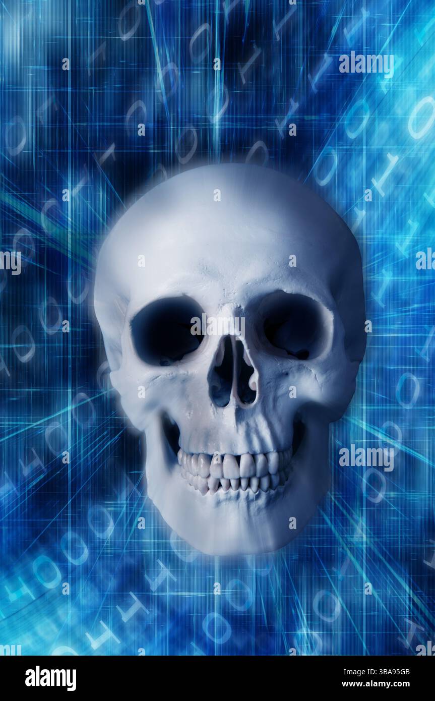 Menschlicher Schädel und Technologie Hintergrund, tödliche Computervirus-Konzept Stockfoto