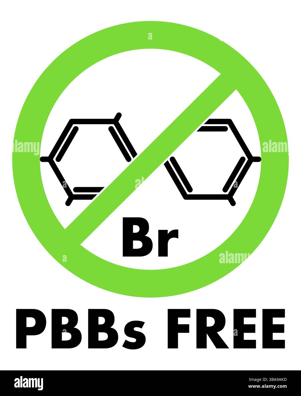 PBBs Free-Symbol. Polybromierte Biphenyle chemisches Molekül und Buchstaben br (chemisches Symbol für Brom) in grünem, gekreuztem Kreis, mit Text darunter Stockfoto