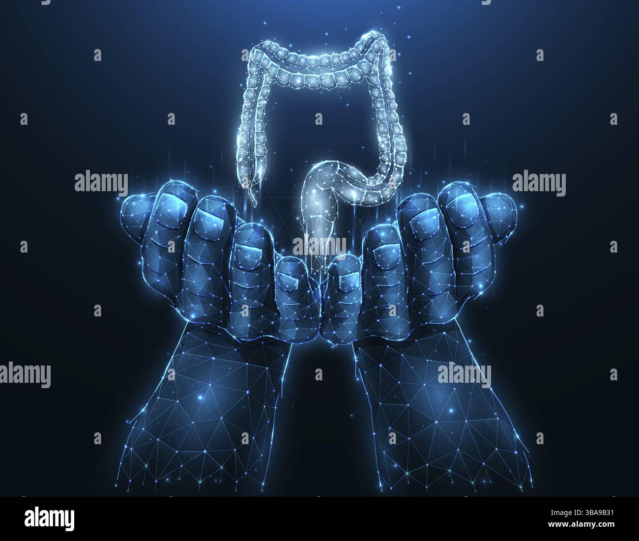 Kolon- oder Dickdarmspender. Polygonale Vektorabbildung einer Hand mit menschlichem Dickdarm. Medizinisches Banner, Vorlage oder Hintergrund Stockfoto