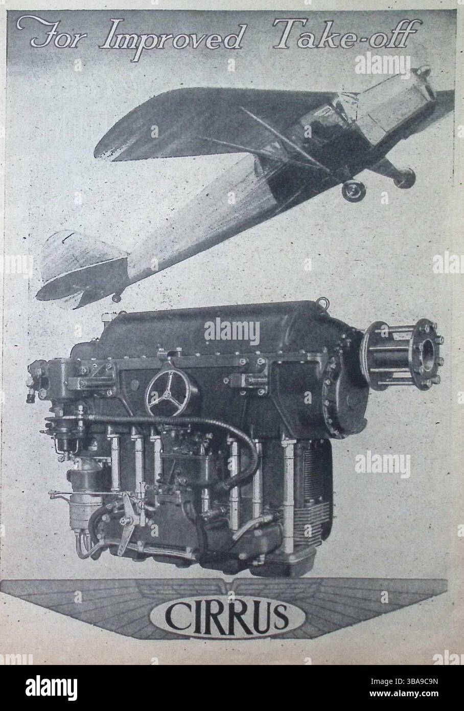 Ursprüngliche Werbung aus dem Jahr 1943 des Flugzeugmagazins für Cirrus-Flugzeugtriebwerke, die eine verbesserte Starteleistung anpreiste. Die Anzeige zeigt eine detaillierte Abbildung des Cirrus-Triebwerks unter einem leichten Flugzeug im Flug. Am 23. April 1943 ist dies ein seltenes Beispiel für die britische Flugzeugwerbung, in der frühe Kolbenmotortechnologie für zivile oder Ausbildungsflugzeuge gezeigt wird. Stockfoto