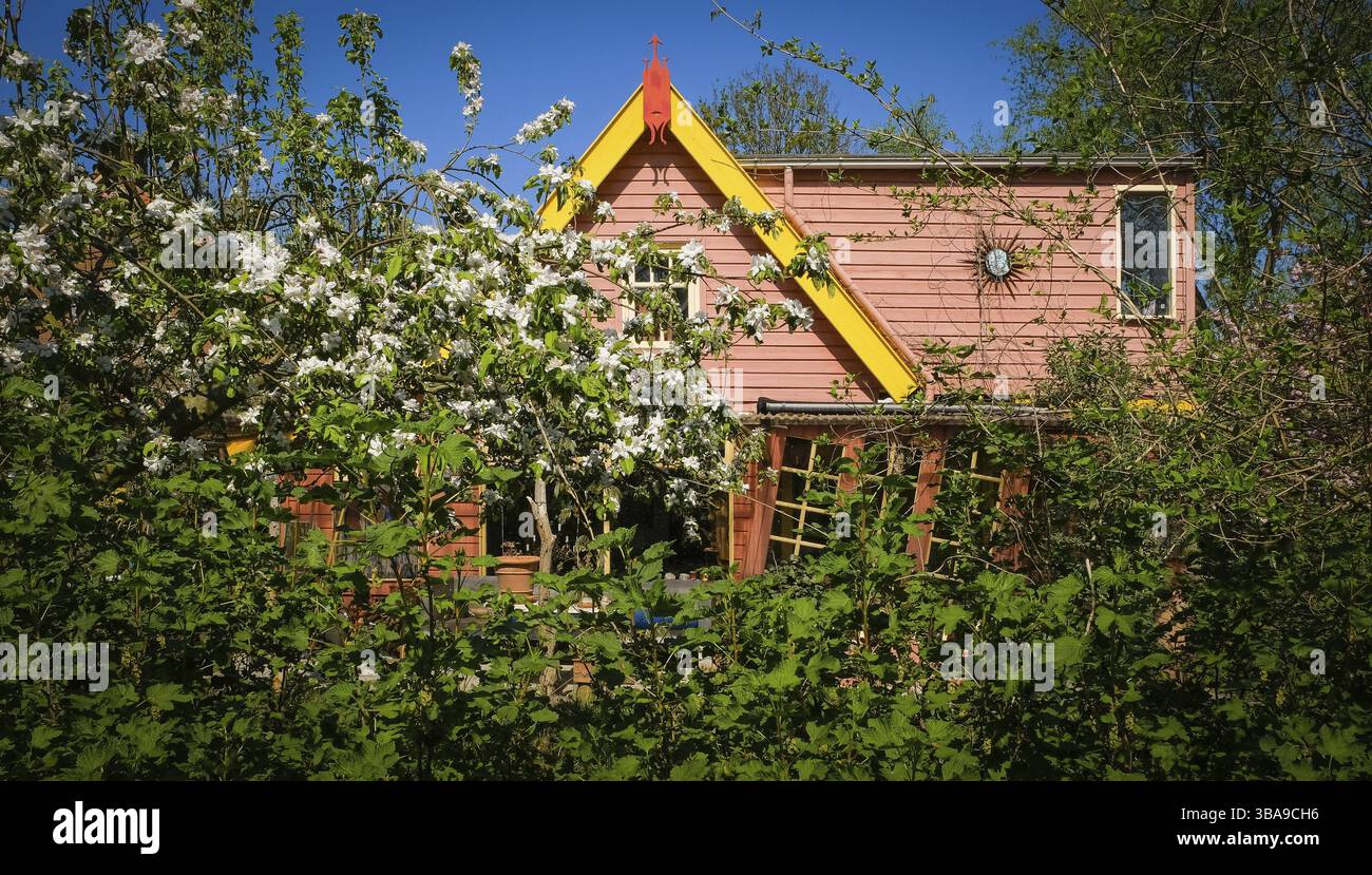 Altmodische Dorf Holz- Haus, Haus Eingang hinter Bäumen versteckt im Wald alte verlassene Stockfoto