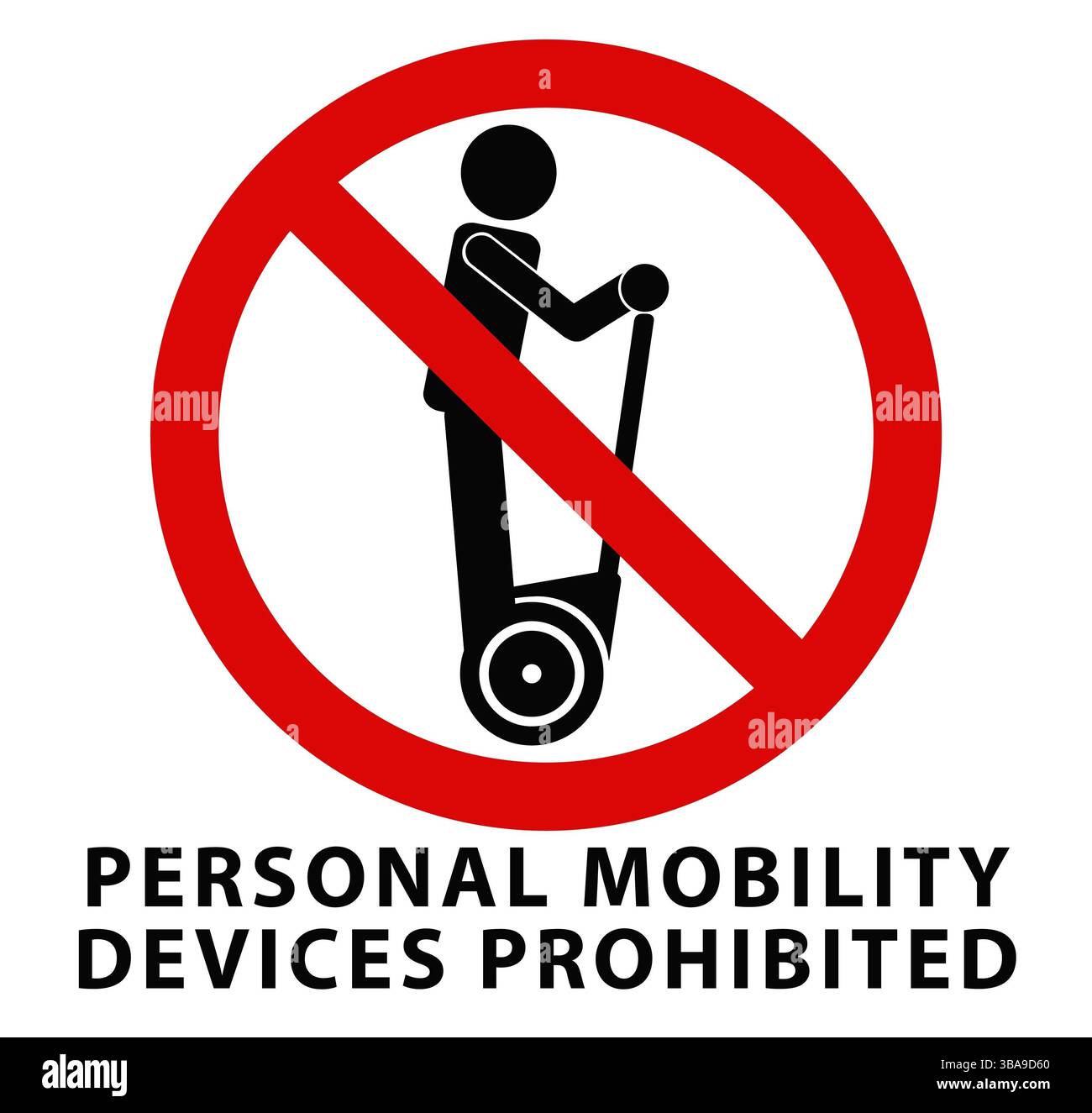 Keine persönlichen Mobilitätsgeräte, Verbotsschild. Mann fährt selbstausgleichendes Transportgerät Symbol im roten gekreuzten Kreis Stockfoto