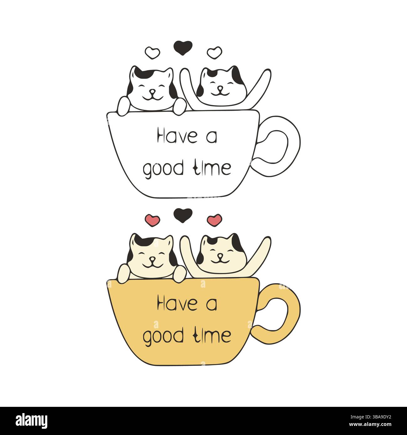 Lustige Katzen in einer Tasse Doodle-Ikone, viel Spass beim Kunstwerk. Nette Haustiere Vektor Kunst auf weissem Hintergrund Stockfoto