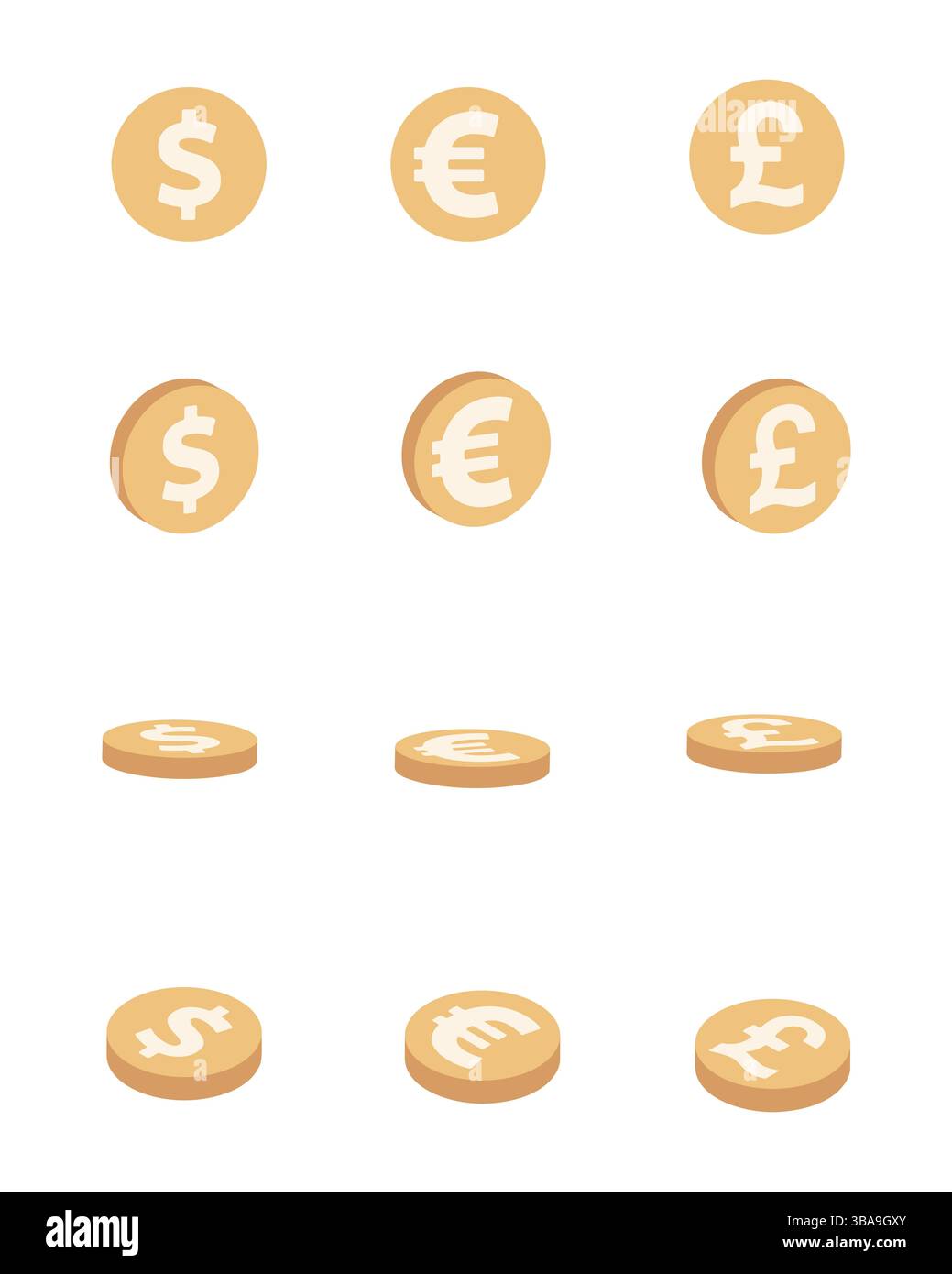 VEKTOR Satz von Dollar, Euro und Pfund Sterling Muenzen im flachem Stil. Finanz-und Banking Clip Art Stockfoto