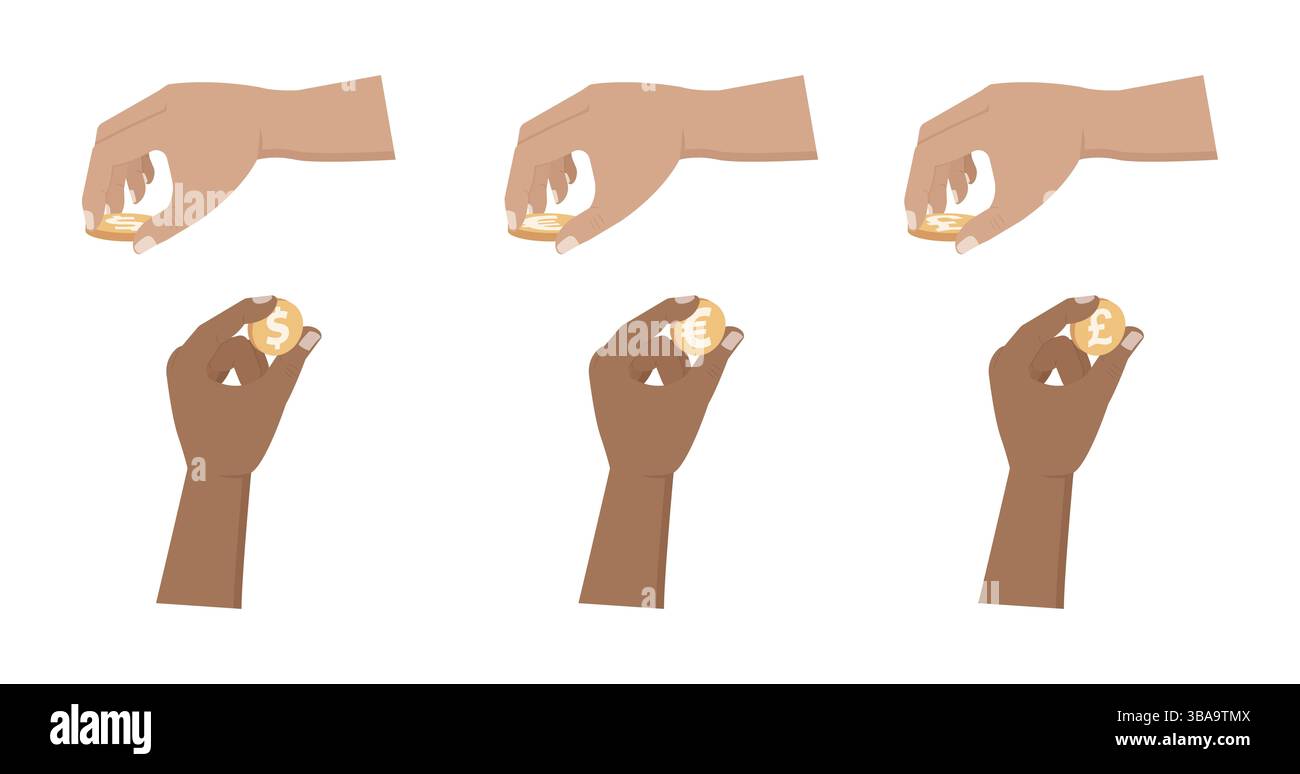 VEKTOR-Haende, die Dollar, Euro und Sterling-Muenzen halten. Haende interagieren mit Geld flach-Symbol-Set Stockfoto