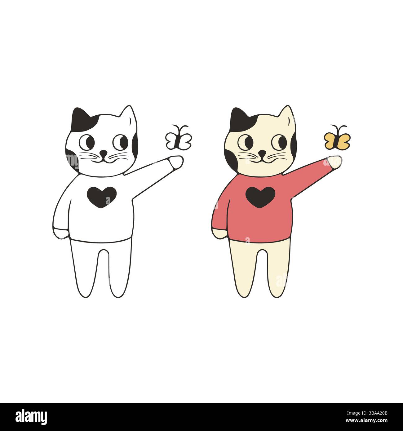 Lustige Katze und Schmetterling Doodle Ikone. Nette Haustiere Vektor Kunst auf weissem Hintergrund Stockfoto