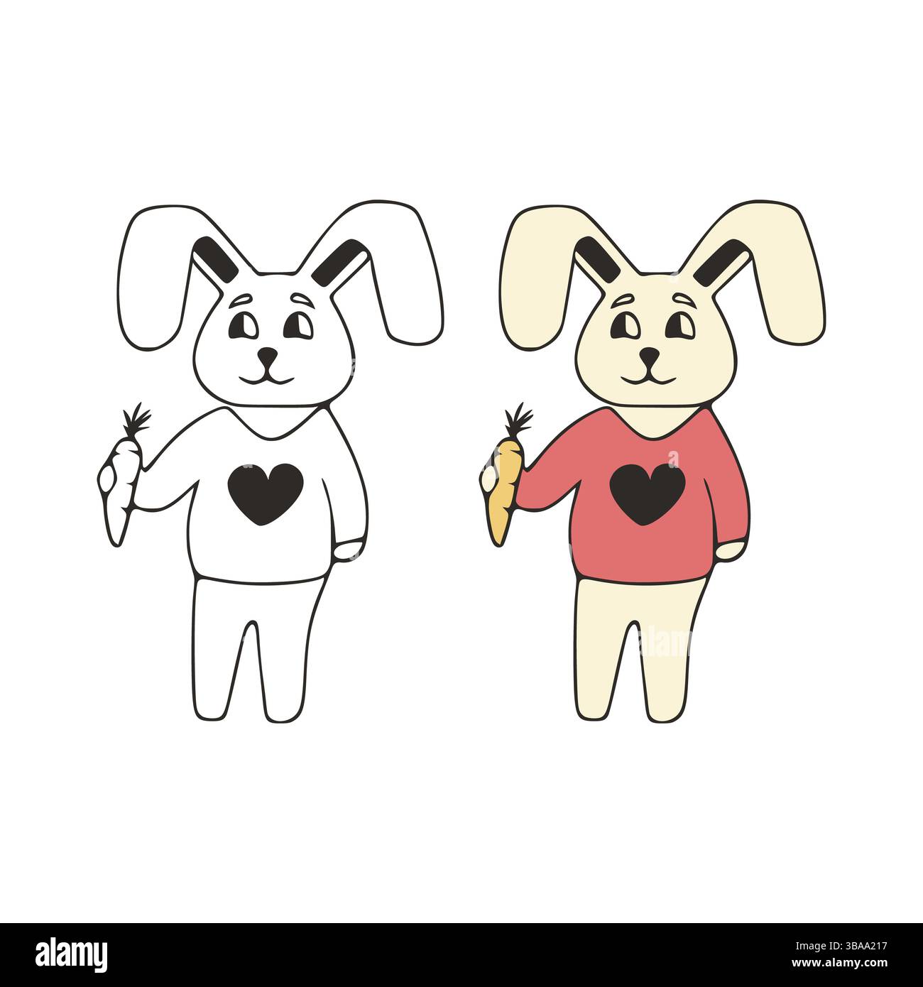 Lustiges Kaninchen mit Karotte Doodle-Symbol. Nette Haustiere Vektor Kunst auf weissem Hintergrund Stockfoto