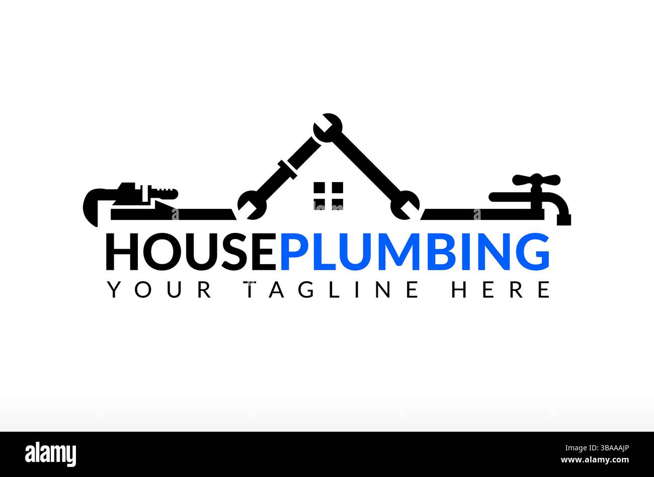 House Plumbing Logo Design, Logo für den Bau von Wasserleitungen, Logo für Installateure, Logo für Installateure, Logos für Installateure, Schraubenschlüssel Blue Water Line fix Lösen von Installationen Stock Vektor