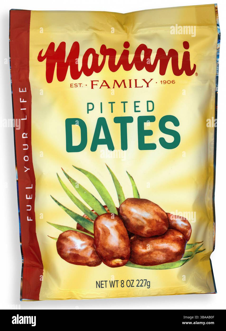 Die Dates wurden von Mariani ausgelotet. Paket mit Lochdaten. Vermarktet als natürlich süß, geschmacksreich, gut aus dem Beutel und kann zum Backen verwendet werden. Stockfoto