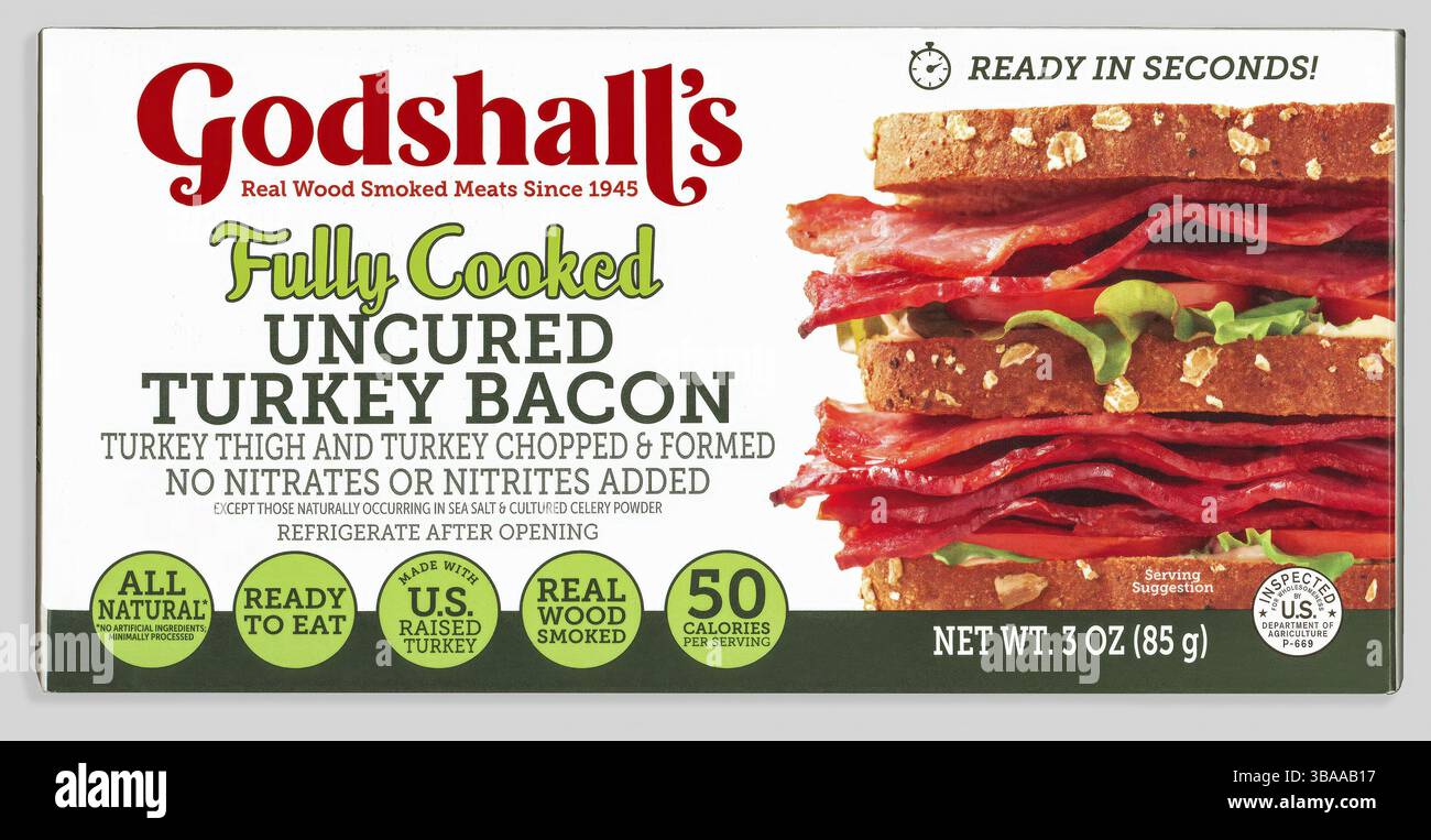 Godshall's voll gekochter, ungehärteter Truthahnspeck. Wird als verzehrfertig und in nur fünf Sekunden frisch aus der Mikrowelle beschrieben. Das Produkt ist vorgekocht. Stockfoto