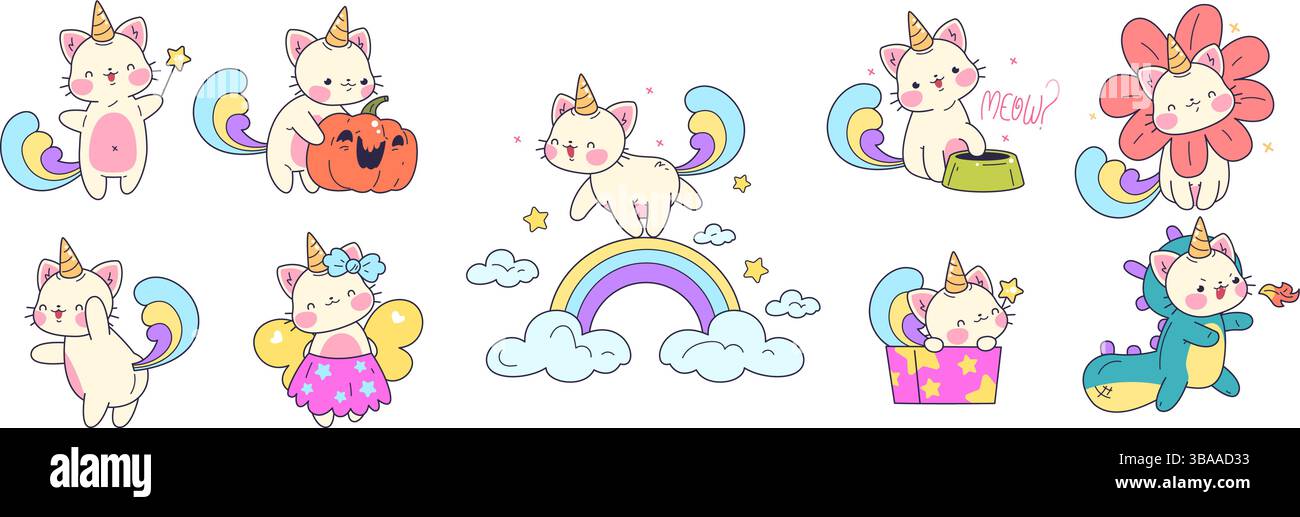 Einhornkatzen. Netter Caticorn Aufkleber, Kawaii Kätzchen mit Horn Regenbogenkritzel Haustier Cartoon Kätzchen Charakter für Baby Mädchen entzückende lustige Kätzchen Set, klassische Vektor Illustration Original Artwork Stock Vektor