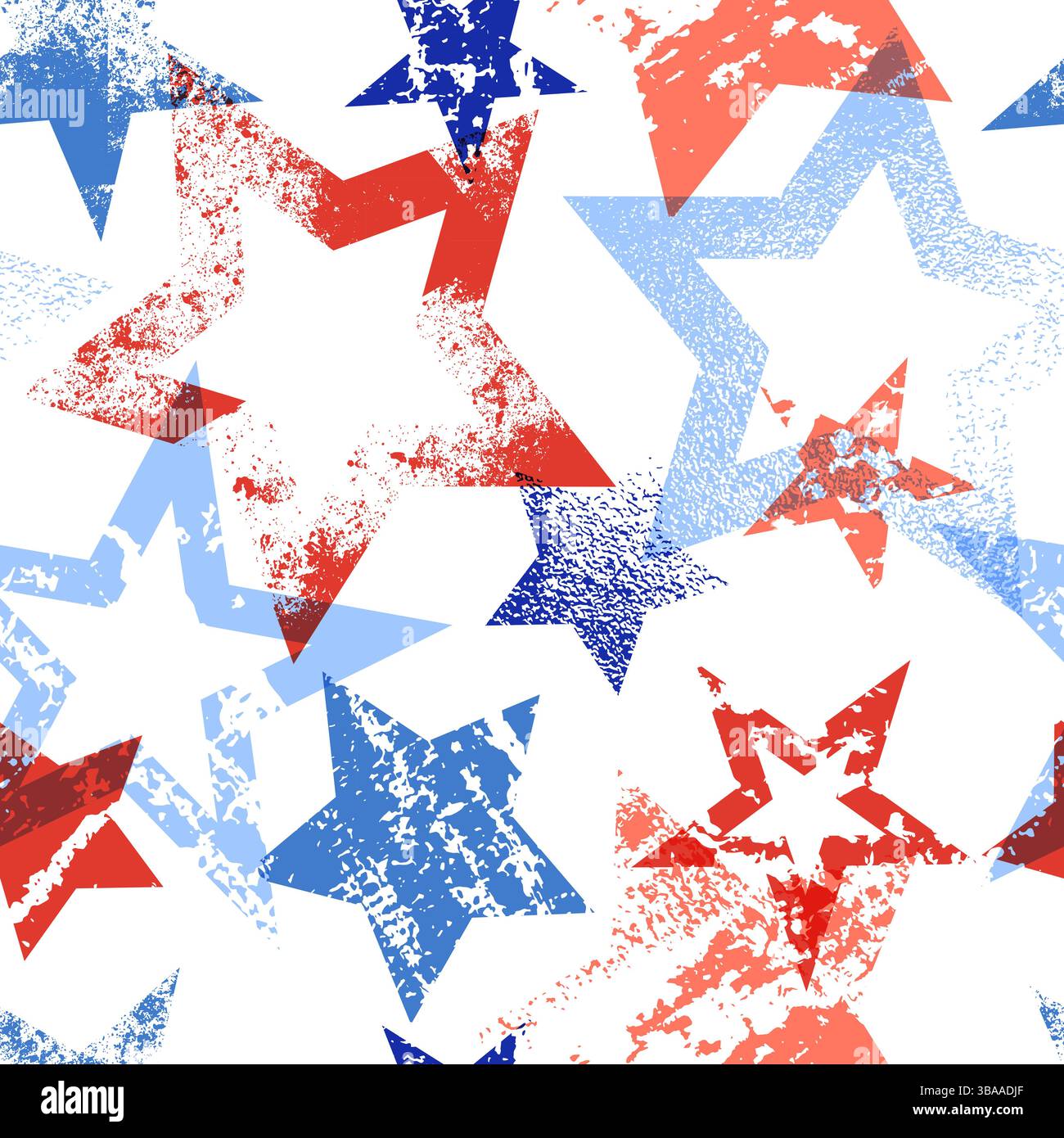 Rote und blaue Sterne mit gemalter Grunge-Textur. Nahtloses Muster der USA-Flagge. Amerikanischer Nationalfeiertag. Modischer Textildruck, Wrappin Stock Vektor