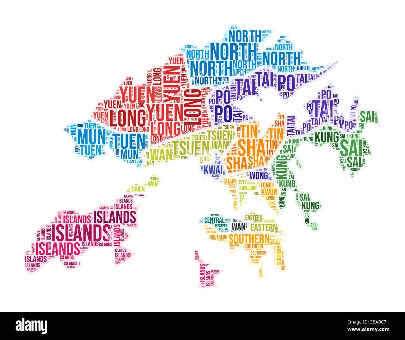 Wortwolke für die Region Hongkong. Ländliches Design. Farbige Abbildung in Hongkong. Bereichsnamen Collage Cloud. Vektorabbildung. Stock Vektor