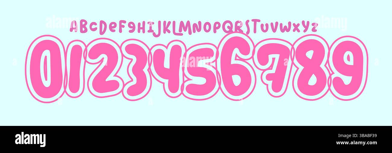 Verspieltes Bubble-Alphabet, niedliche Zeichentrickschrift, kräftige, abgerundete rosa Buchstaben, süßer Bonbon-Stil, Kinder-Logo-Design, weiches Mädchennummernset, Kawaii-Motiv Stock Vektor