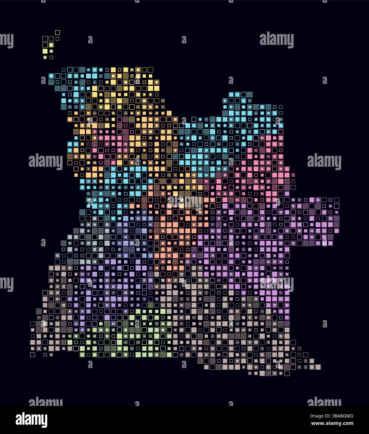 Angola, die Form des Landes, gebaut aus farbigen Zellen. Digitale Karte von Angola auf dunklem Hintergrund. Kleine quadratische Blöcke. Stock Vektor