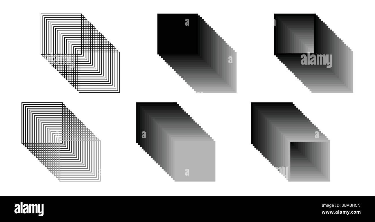 3D-Tunnelset mit quadratischer perspektivischer Linie, Sammlung isolierter verblichender geometrischer Designelemente. Vektorabbildung. Stock Vektor