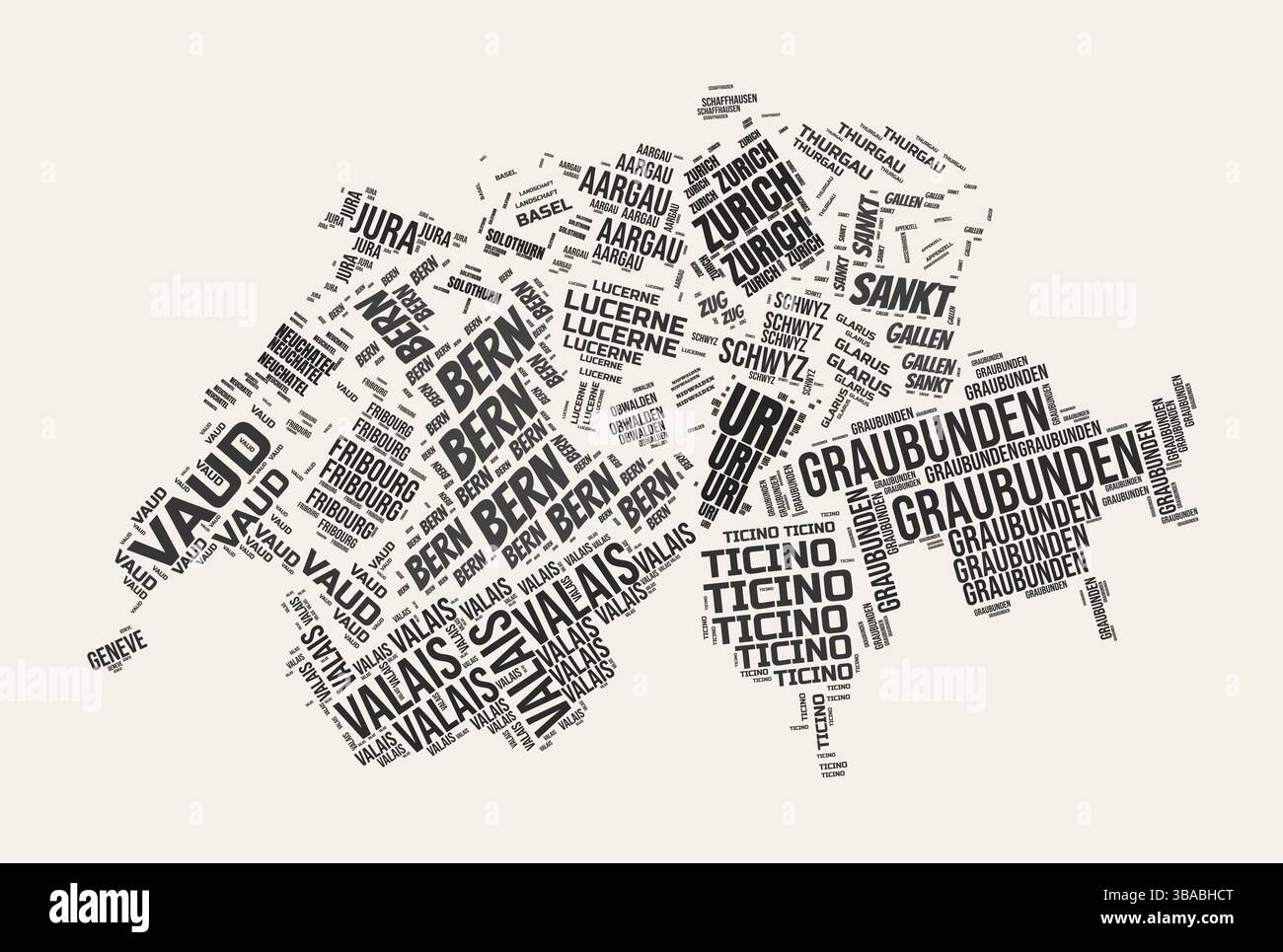 Schweiz Word Cloud. Land mit Geschäftsbereich Regionen. Schweiz typographischer Text Wolken Vektorbild Design. Stock Vektor