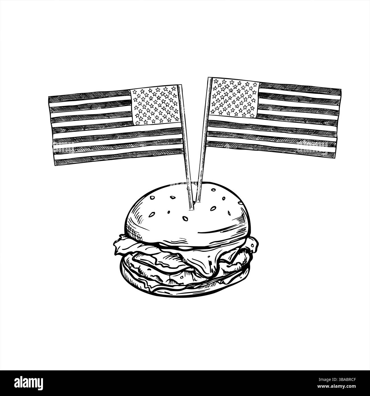 Saftiger Burger mit Mini American Fahnen Vektor monochrome Illustration in linearer Art. Rindfleisch-Sandwich für 4. Juli, Memorial Day, BBQs und patriotische Gerichte Stock Vektor
