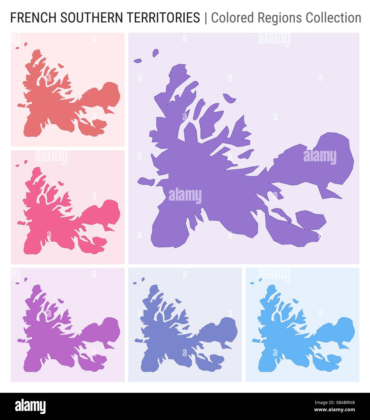 TAAF-Kartensammlung. Länderform mit farbigen Regionen. Dunkelviolett, Rot, Rosa, Lila, Indigo, blaue Farbpaletten. Stock Vektor