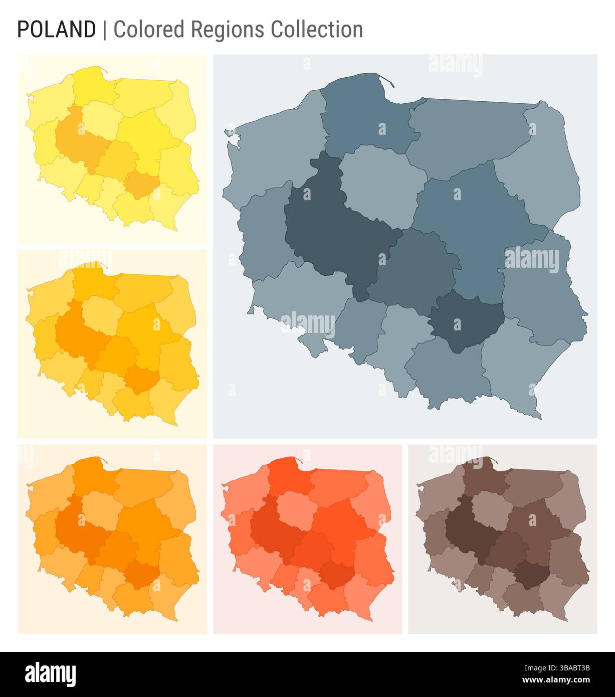 Polens Kartensammlung. Länderform mit farbigen Regionen. Blaugrau, Gelb, Bernstein, Orange, Deep Orange, braune Farbpaletten. Stock Vektor