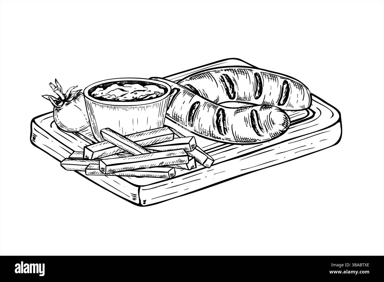 Zwei gegrillte Würstchen auf rechteckigem Holzbrett mit Soße Schüssel, Tomaten und Pommes Frites Vektor Illustration gemalt mit schwarzen Tinten. Street Food oder BBQ Stock Vektor