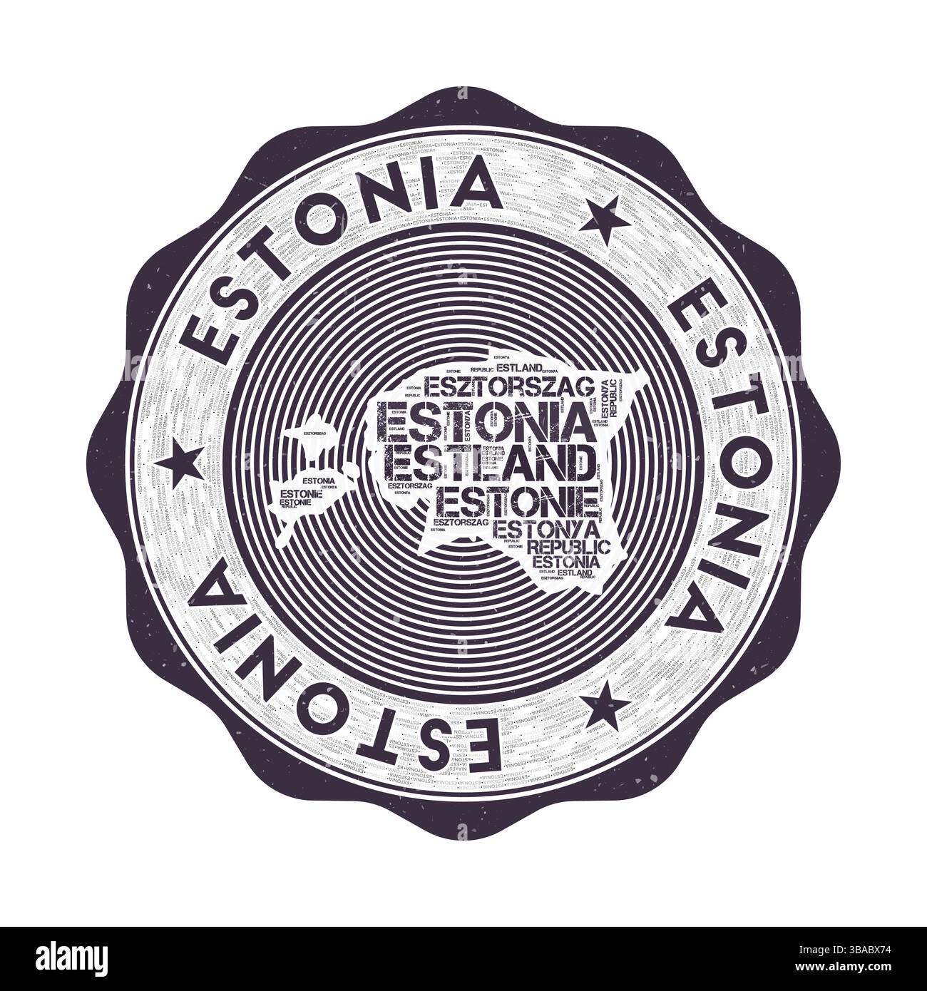 Estland Siegel. Country Round-Logo mit Form von Estland und Ländername in mehrsprachigen Word Cloud. Authentisches Emblem. Stock Vektor