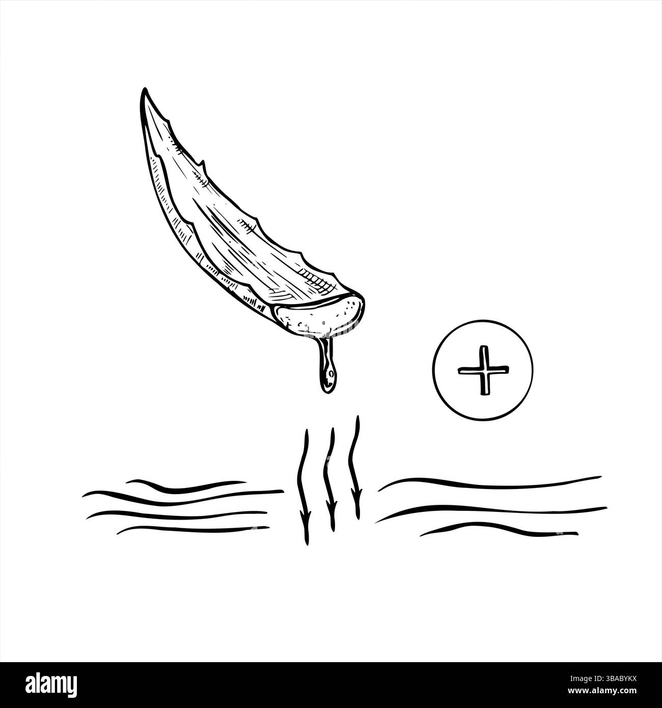 Monochrome Vektor-Illustration der Aloe Vera-Saft-heilenden Hautwunde mit medizinischem Kreuz-Symbol. Naturkraut für erste-Hilfe-Koffer, Kräutermedizin Stock Vektor