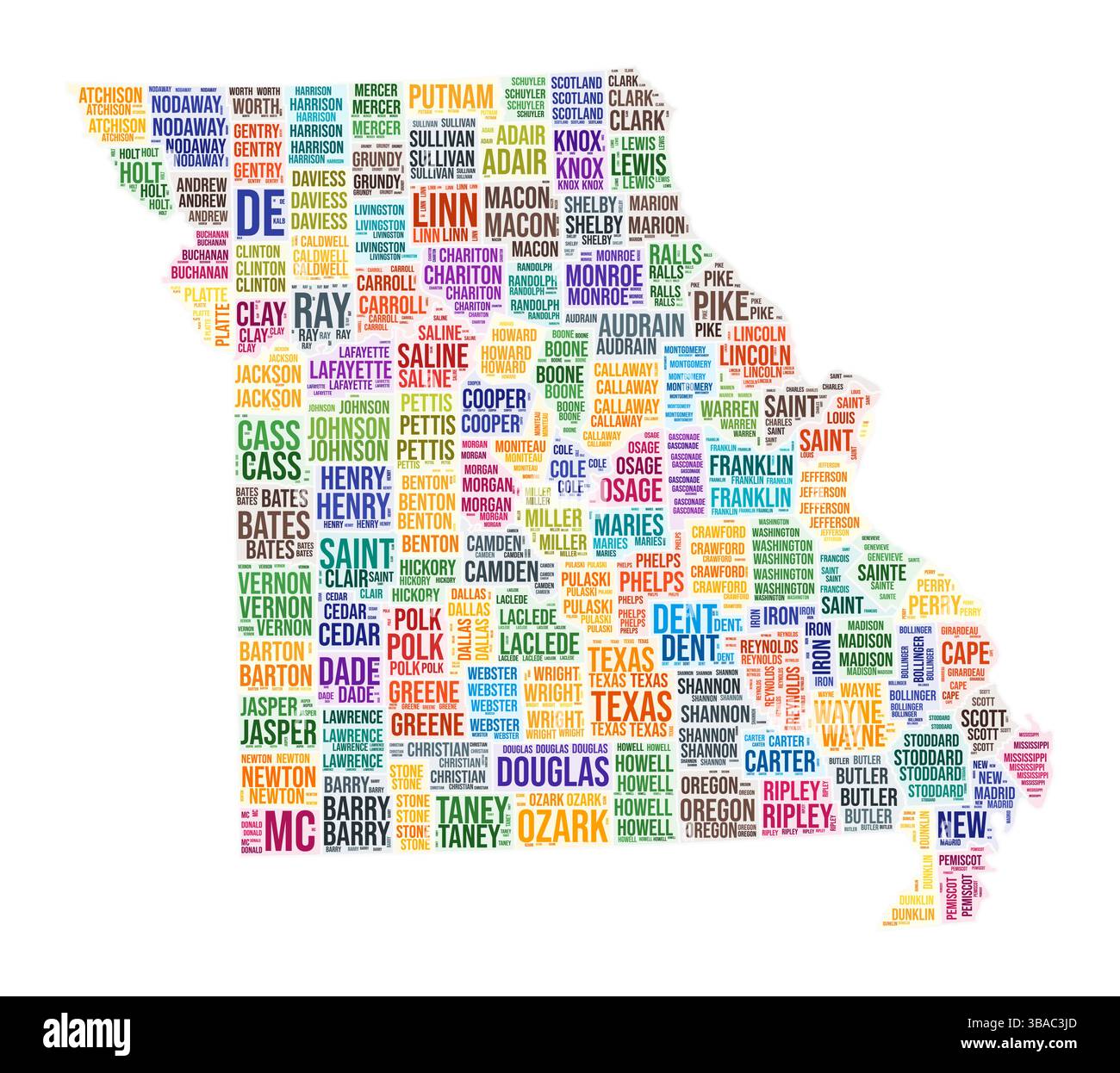 Missouri County Wortwolke. State Shape Design. Missouri farbige Illustration. Collage-Wolke für County-Namen. Vektorabbildung. Stock Vektor