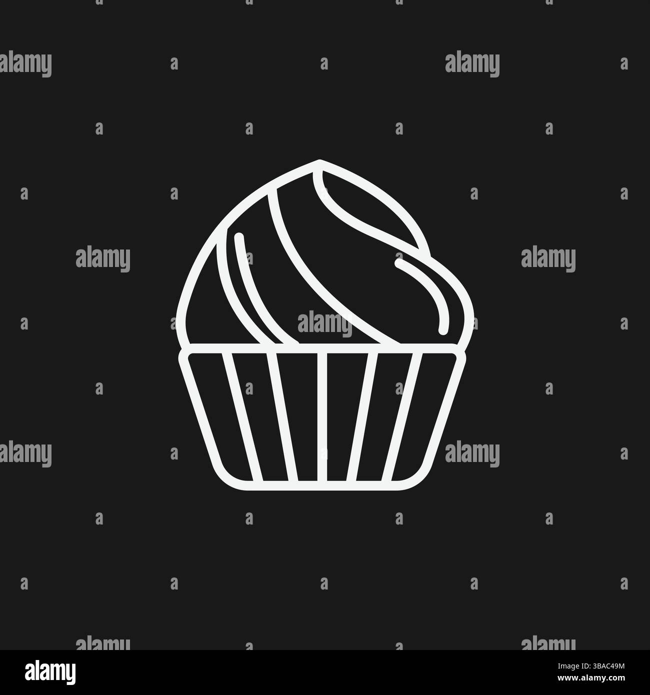 Weißes Umrisssymbol eines Cupcake auf schwarzem Hintergrund Dessert, Süßigkeiten und Bäckerei Symbol Stock Vektor