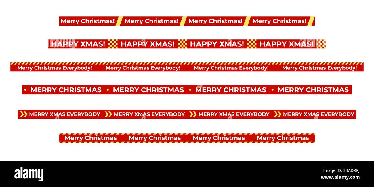 Weihnachtsnachrichten auf rotem Band, rotes Polizeiband. Weihnachtsdekoration, Begrüßungsdruck, Elemente des saisonalen Begrüßungsdesigns Stock Vektor