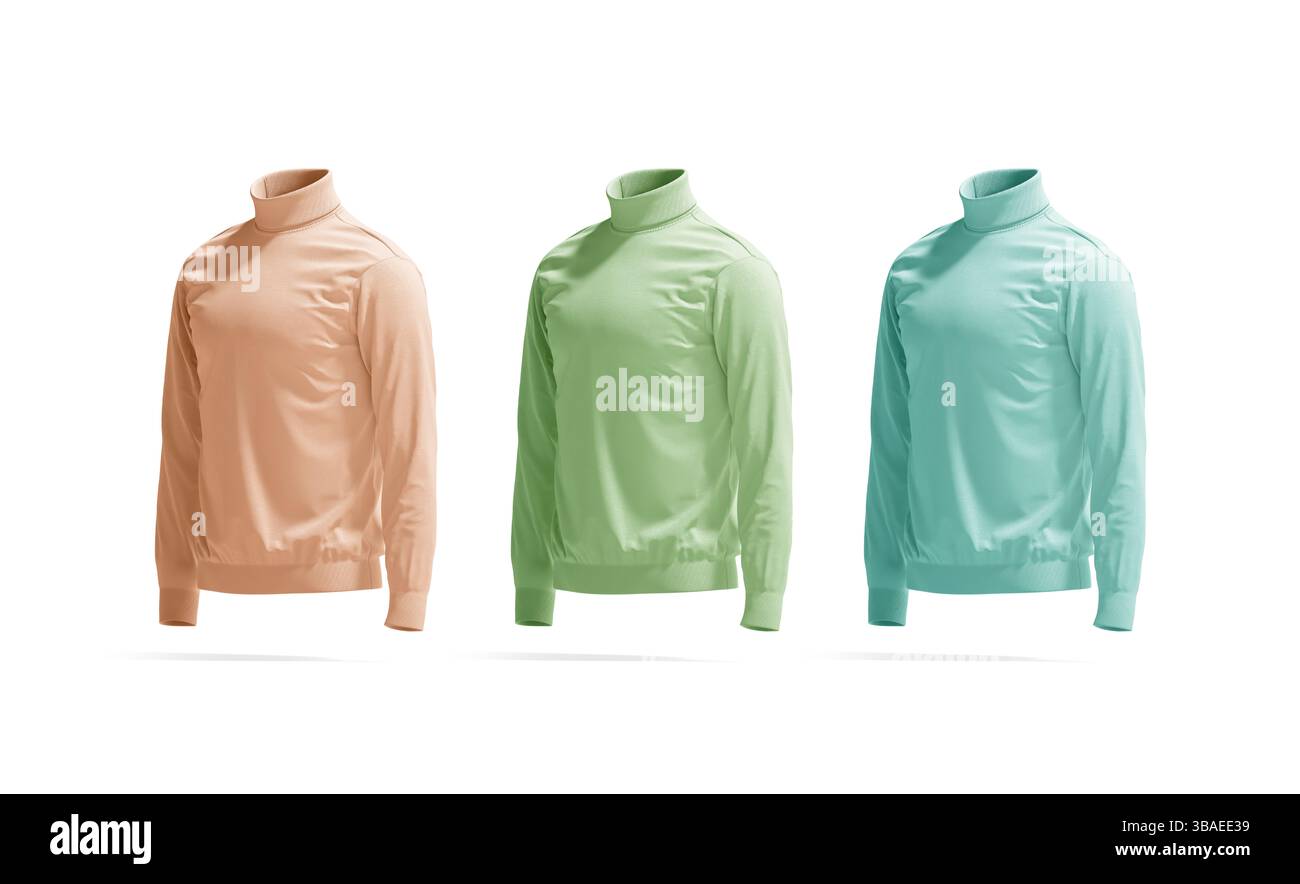 Leerer farbiger Rollkragenpullover, Modell, Seitenansicht, 3D-Rendering. Leerer rosafarbener, grüner und blauer Textilpullover mit hohem Ausschnitt, isoliert. MA löschen Stockfoto
