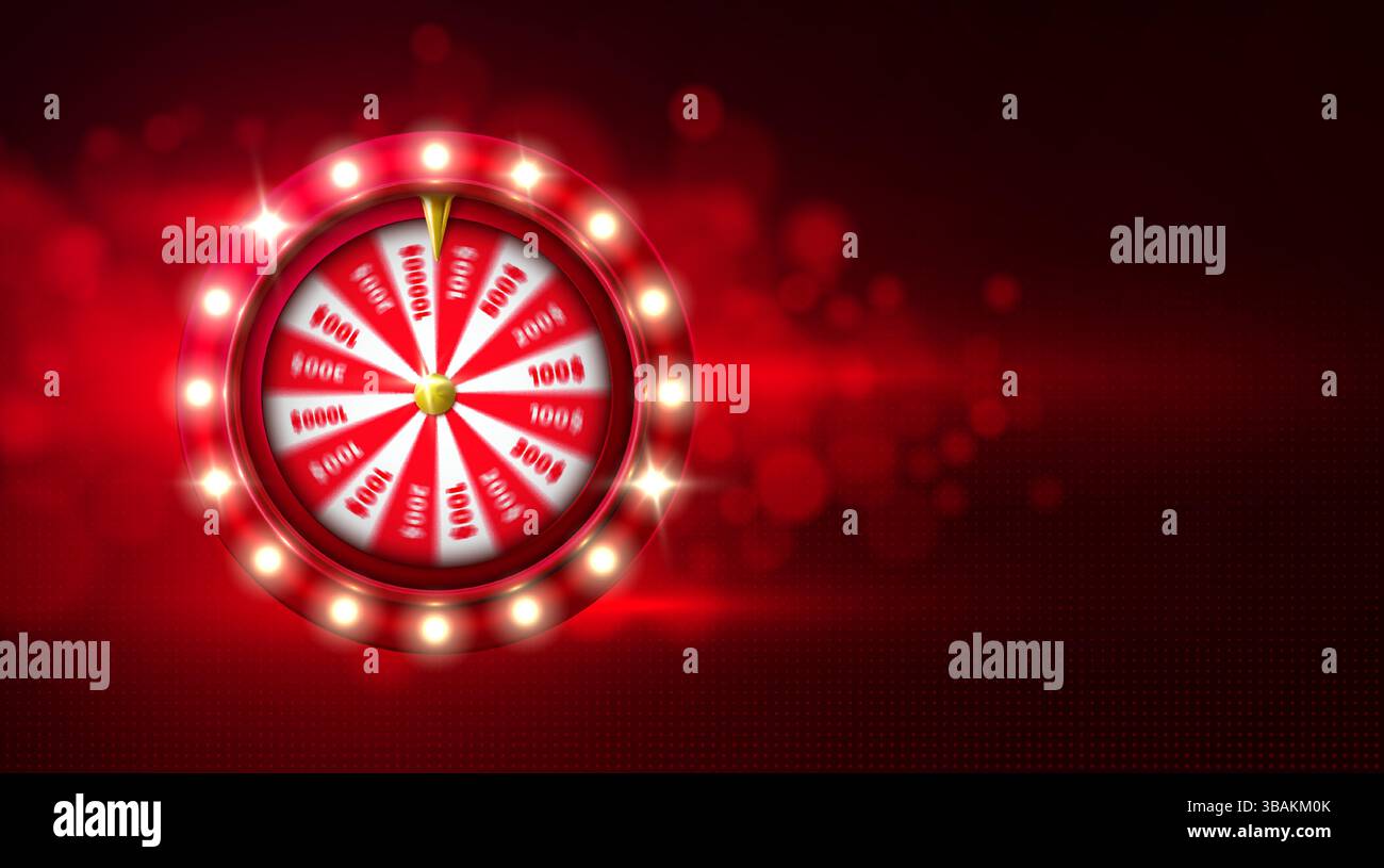 Helles Casino-Drehrad mit leuchtenden Glühbirnen und Dollarpreisen, auf leuchtendem rotem Hintergrund mit Funkeln und Bokeh für Jackpot-Spiele, Lucky Draws oder Werbewerbung für Glücksspiele. Realistischer 3D-Vektor. Stock Vektor