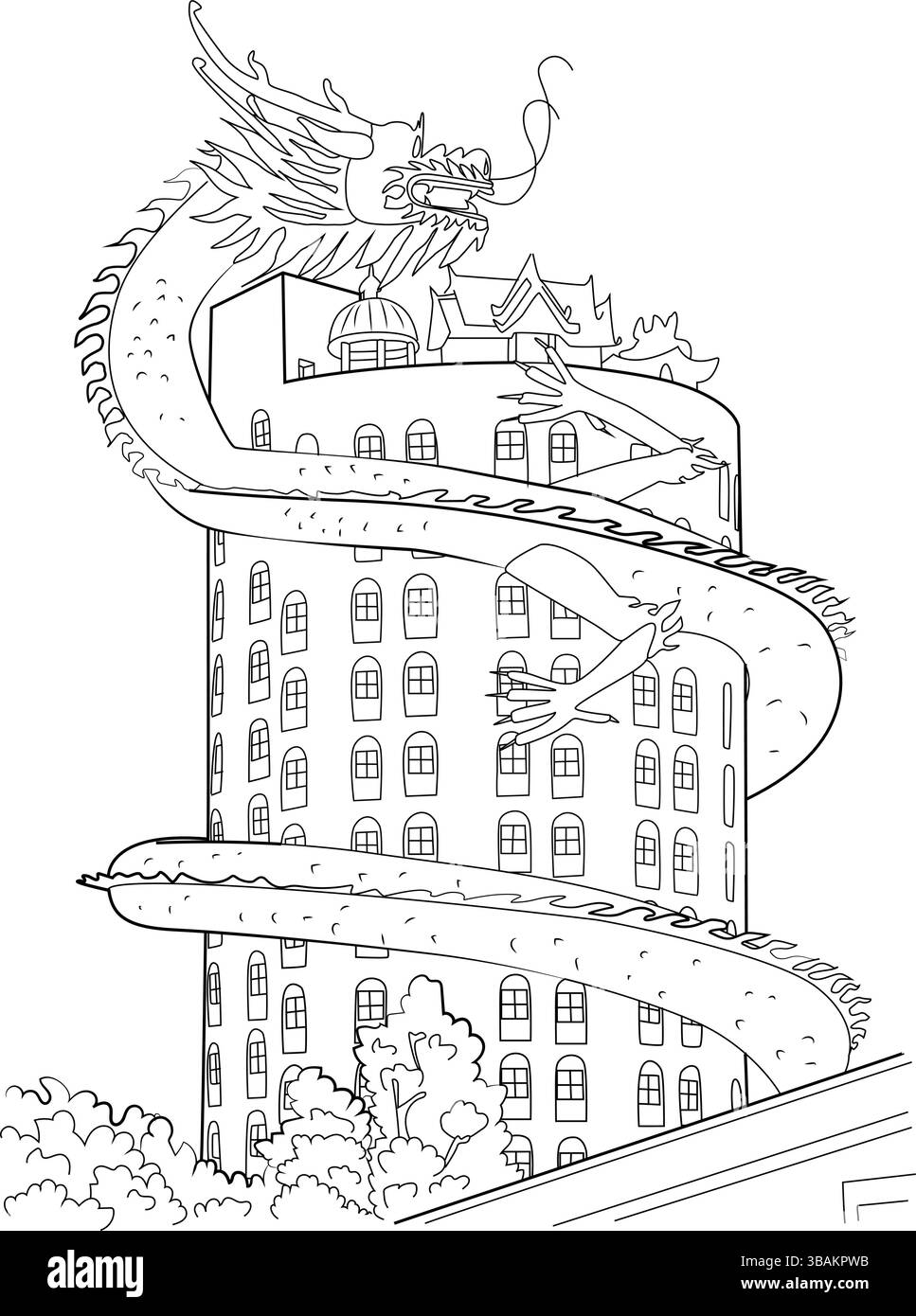 Schwarz-weiße Strichgrafik mit dem berühmten Tempelturm Wat Samphran in Sam Phran, Bangkok, Thailand. Das einzigartige architektonische Landmar Stock Vektor