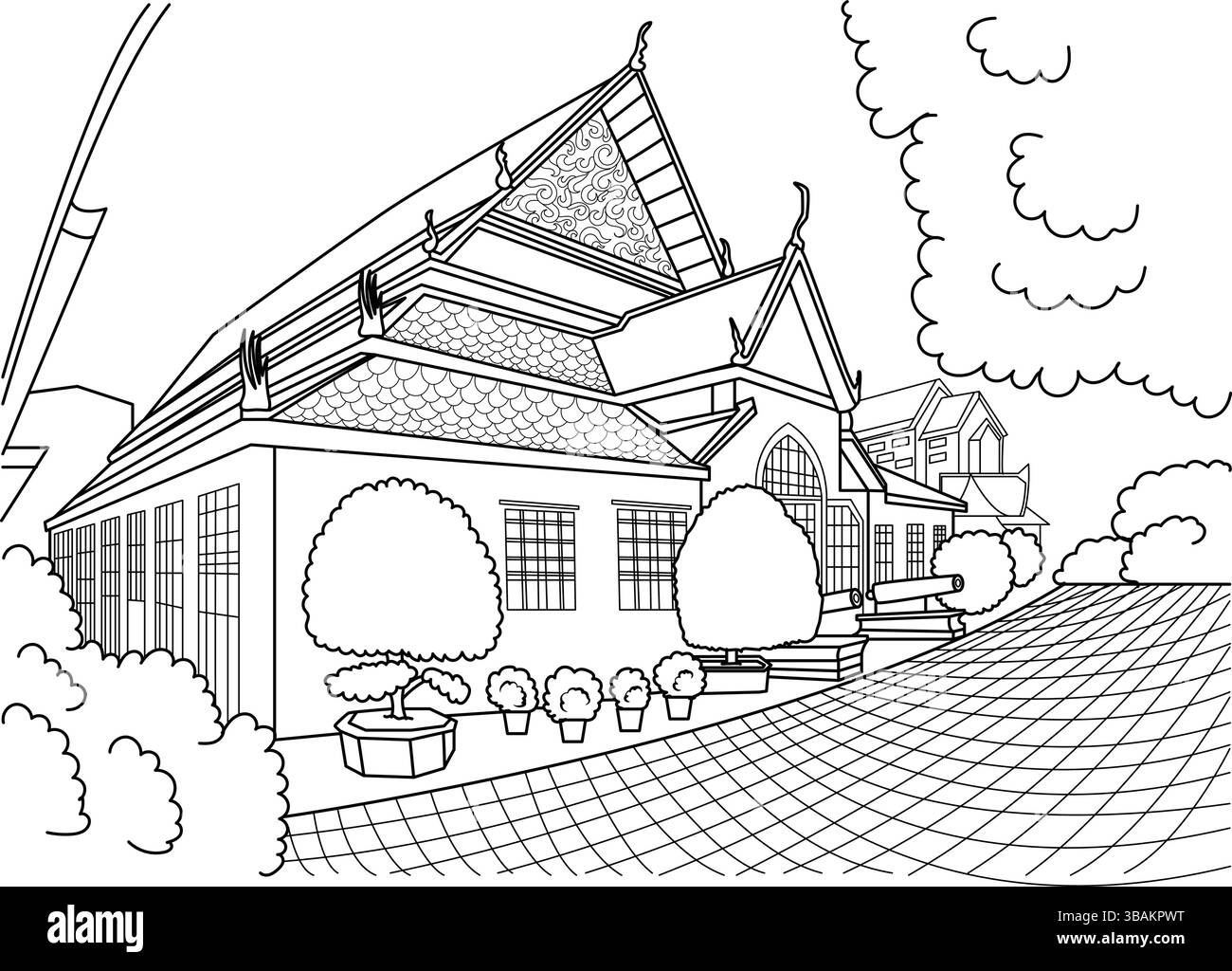 Schwarz-weiße Strichgrafik des Bangkok National Museum in Thailand. Diese Vektorskizze zeigt die Außenfassade und die umgebende Garde Stock Vektor