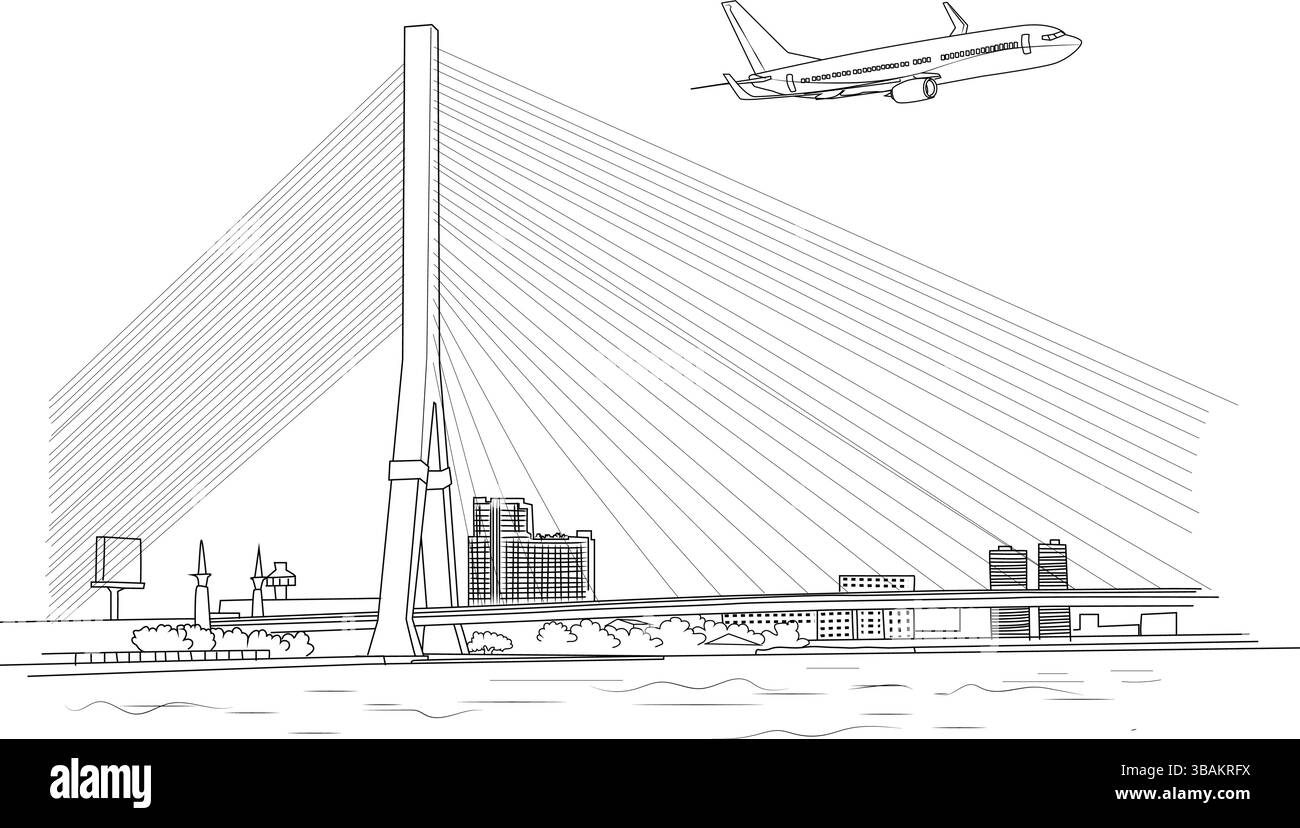 Detaillierte schwarz-weiße Strichgrafik mit der berühmten Rama VIII Brücke über den Chao Phraya Fluss in Bangkok, Thailand, mit einem Kommen Stock Vektor