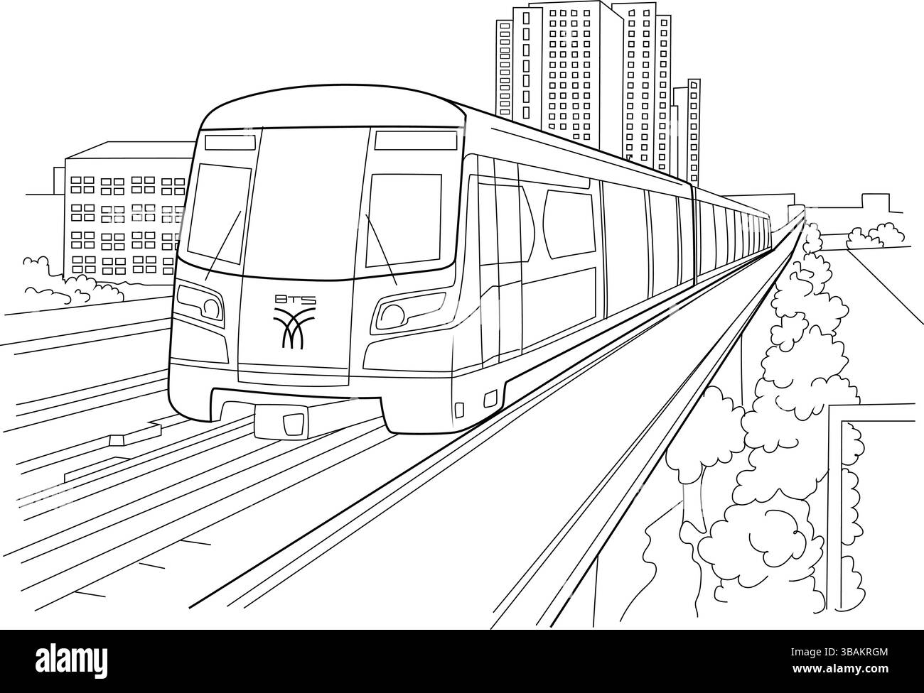 Schwarz-weiße Strichgrafik mit dem Bangkok Skytrain (BTS) erhöhtem Nahverkehrssystem. Ein moderner Zug fährt entlang der Gleise mit Stock Vektor