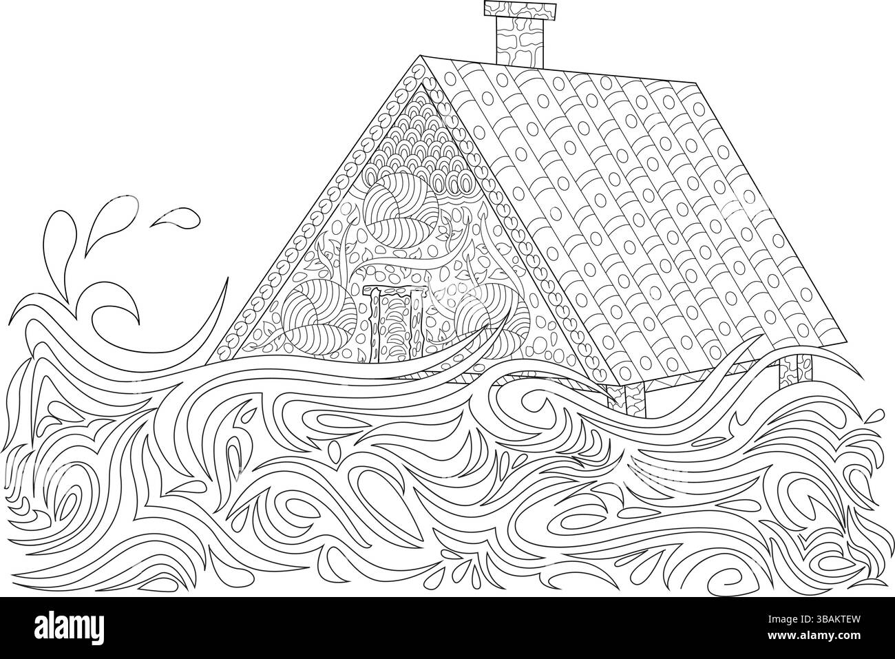 Schwarz-weiße Linienzeichnung eines aufwändig dekorierten Hauses, umgeben von dynamischen, stilisierten Wellen. Diese abstrakte Abbildung zeigt das Pow Stock Vektor