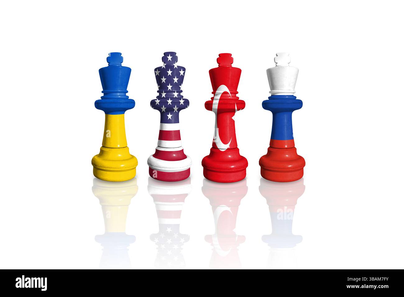 Schach aus Fahnen der Ukraine, der USA, der Türkei und Russlands. Friedensverhandlungen Stockfoto
