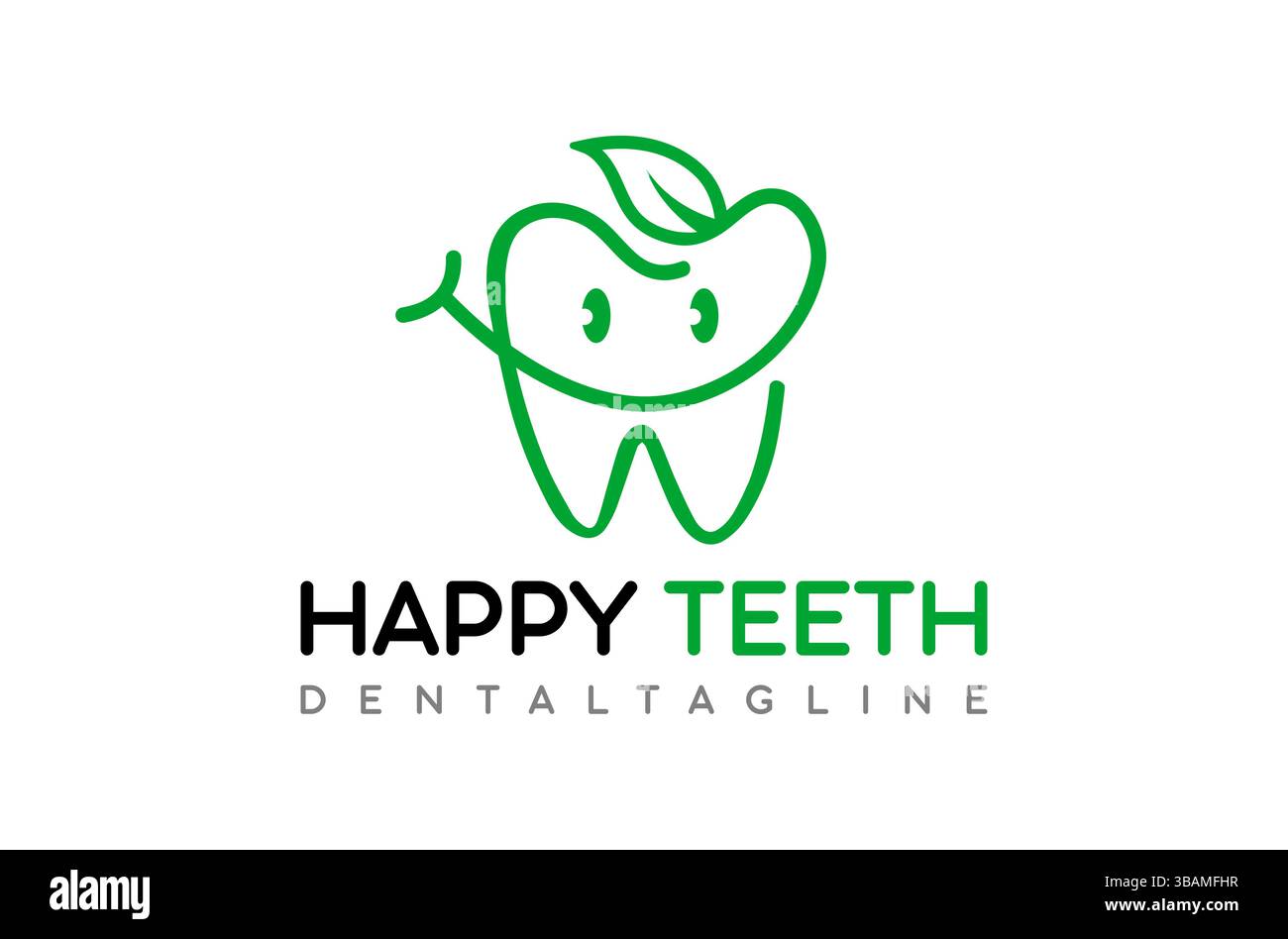 Happy Teeth Dental Logo Design, grünes Blatt mit Smiley Zähne Logo, Kinder Dentalimplantat Logo, ECO Teeth mit Blatt Logo, Zahnarzt Kieferorthopädie Vektor Stock Vektor