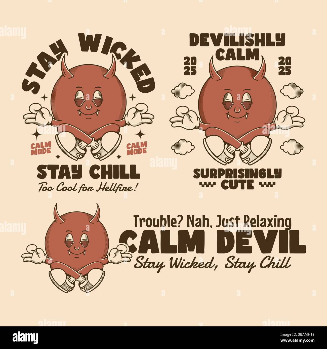 Fröhliche Teufelsfiguren mit verspielten Chill-Zitaten für lässige und Streetwear-T-Shirts Stock Vektor