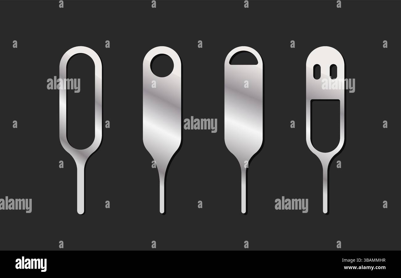 SIM-Auswerfer. Set von Symbolen mit silbernen Pins. Flaches Design. Vektorillustration isoliert auf schwarzem Hintergrund. Stock Vektor