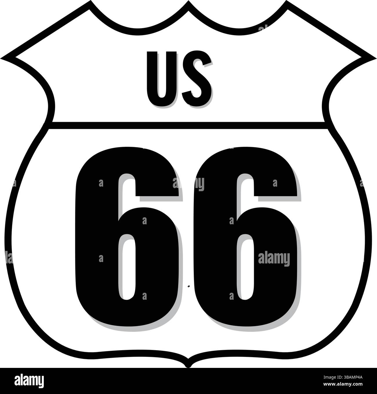 Classic Route 66 Straßenschild in schwarz-weiß mit Schildform, das Reisen, Autobahnen und historische Roadtrips repräsentiert Stock Vektor