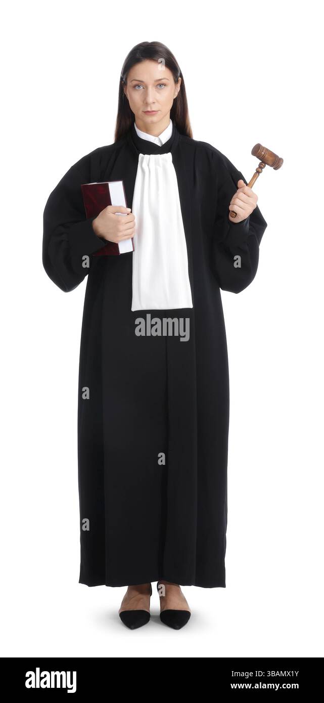 Richter mit Hammer und Buch auf weißem Hintergrund Stockfoto