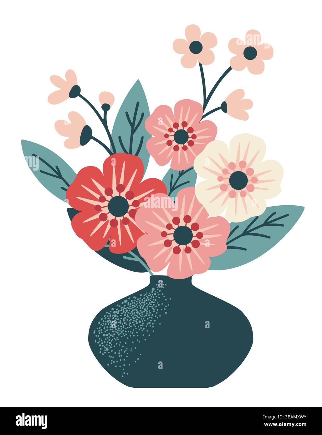 Helle Frühlingsblumen in Vasen. Zeichentrickgrafik-Vektor-Illustration. Stock Vektor
